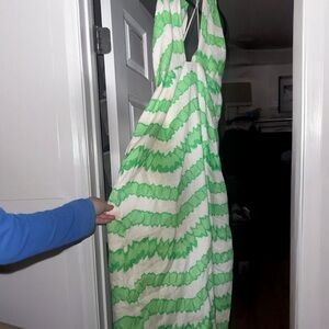 RHODE Green and White Zigzag Halter Dress